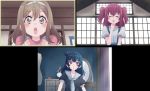  :o arms_at_sides black_blouse blouse blue_hair blue_neckwear blush brown_eyes chest_of_drawers closed_eyes commentary cream_(nipakupa) excited facing_viewer hair_bun hairband hand_on_own_face highres indoors kunikida_hanamaru kurosawa_ruby light_brown_hair looking_at_viewer love_live! love_live!_sunshine!! mannequin mirror overalls red_eyes red_shirt redhead sailor_collar shirt side_bun tsushima_yoshiko twintails video_call white_blouse window 