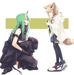  2girls animal_ears arknights arm_ribbon bangs bare_arms bare_shoulders black_choker black_gloves black_jacket black_legwear black_pants black_ribbon black_shirt blue_eyes breasts choker clothes_around_waist commentary_request facial_scar fox_ears from_side full_body geta_(epicure_no12) gloves green_hair highres holding horns hoshiguma_(arknights) jacket jacket_around_waist knee_pads large_breasts long_hair long_sleeves looking_at_another multiple_girls one_knee pants pantyhose profile ribbon scar scar_on_cheek shirt shoes short_hair silver_hair simple_background single_horn sleeveless sleeveless_shirt smile sneakers standing sussurro_(arknights) white_background white_gloves white_jacket yellow_eyes 