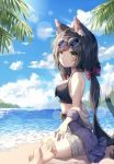  1girl albinoraccoon animal_ears bare_shoulders black_hair blue_sky bow breasts cat_ears cat_tail clouds eyebrows_visible_through_hair green_eyes hair_bow highres horizon island karyl_(princess_connect!) lens_flare low_twintails multicolored_hair ocean off_shoulder palm_tree princess_connect! princess_connect!_re:dive short_shorts shorts sitting sky small_breasts streaked_hair sunglasses swimsuit tail tree twintails wariza 