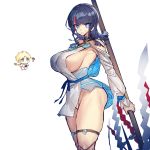  1boy 1girl ? baggy_clothes bangs bare_shoulders black_hair blonde_hair blue_eyes blue_ribbon blush breasts chibi collarbone dress fate/grand_order fate/requiem fate_(series) fundoshi japanese_clothes jewelry large_breasts long_sleeves looking_at_viewer magatama magatama_hair_ornament medium_hair melon22 multicolored_hair necklace pelvic_curtain pink_hair polearm puffy_long_sleeves puffy_sleeves ribbon scarf short_dress sideboob sideless_outfit simple_background spear streaked_hair thick_thighs thighs utsumi_erise voyager_(fate/requiem) weapon white_background white_dress yellow_scarf 