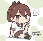  1girl black_legwear brown_eyes brown_hair brown_sailor_collar brown_skirt chibi dated kantai_collection kirigaya_yuuji kneehighs looking_at_viewer pleated_skirt polka_dot polka_dot_background ponytail sailor_collar school_uniform serafuku shikinami_(kantai_collection) short_hair sitting skirt solo spoken_blush twitter_username v white_background 