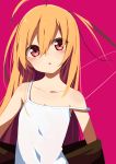  1girl absurdres ahoge bangs bare_shoulders blush brown_hair camisole collarbone copyright_request eyebrows_visible_through_hair hair_between_eyes head_tilt highres long_hair okota_mikan parted_lips pink_background red_eyes simple_background solo strap_slip upper_body very_long_hair white_camisole 