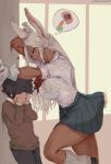  1boy 1girl :q absurdres animal_ears black_hair blue_skirt boku_no_hero_academia breasts bunny_tail carrot cutesexyrobutts dark_skin fangs gloves highres huge_filesize large_breasts leg_lift long_hair mirko paid_reward patreon_reward rabbit_ears red_eyes school_uniform short_hair signature skirt speech_bubble tail thighs tongue tongue_out white_gloves white_hair window 