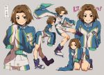  1girl all_fours black_eyes bloody_roar boots brown_hair character_name closed_mouth corn_potako full_body grey_background grin hair_intakes jacket leg_up long_sleeves looking_at_viewer motion_lines nonomura_uriko open_mouth paw_print purple_footwear short_hair shorts simple_background sleeves_past_fingers sleeves_past_wrists smile track_jacket v-shaped_eyebrows zipper_pull_tab 