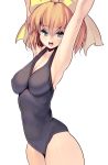  1girl armpits arms_up bangs blonde_hair blue_eyes bow breasts cowboy_shot hair_bow highres impossible_clothes impossible_swimsuit looking_at_viewer masao medium_breasts original photoshop_(medium) revision school_swimsuit short_hair solo swimsuit white_background yellow_bow 