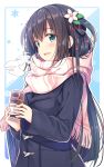  1girl blue_eyes breath brown_hair can canned_coffee coat eyebrows_visible_through_hair flower hair_flower hair_ornament holding holding_can looking_at_viewer nozomi_tsubame open_mouth original patterned_background pocket scarf side_ponytail sidelocks snowflakes striped striped_scarf winter_clothes 