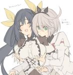  2girls bangs blue_hair blush breasts closed_eyes dizzy_(guilty_gear) elphelt_valentine eyebrows_visible_through_hair green_eyes grey_hair groping guilty_gear guilty_gear_xrd hair_ribbon hair_rings large_breasts laughing long_hair maid_dress maka_(morphine) medium_hair multiple_girls ribbon spikes sweatdrop translation_request twintails yellow_ribbon 