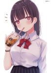  1girl bangs black_hair blush bow bowtie breasts brown_hair cup drink eyebrows eyebrows_visible_through_hair highres holding holding_cup large_breasts looking_at_viewer okiq original pleated_skirt red_neckwear school_uniform skirt sweatdrop uniform 