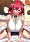  1girl alternate_breast_size ange_katrina bare_shoulders barefoot bed black_skirt blue_eyes breast_squeeze breasts highres huge_breasts long_hair looking_at_viewer nijisanji nuezou parted_lips redhead short_shorts shorts skirt solo spread_legs thighs 