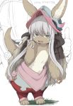  1other animal_ears commentary_request ears_through_headwear eyebrows_visible_through_hair furry helmet long_hair looking_at_viewer made_in_abyss nanachi_(made_in_abyss) open_mouth paws shiseki_hirame simple_background smile solo_focus tail thumbs_up topless whiskers white_background white_hair yellow_eyes 