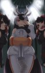  3girls animal_ears antelope_ears antelope_horns apron backlighting bangs bare_shoulders batten_japari_dan black_hair blackbuck_(kemono_friends) cape clip_studio_paint_(medium) closed_mouth collared_cape eyebrows_visible_through_hair eyepatch fang fingernails frills from_below gakukuru gloves grey_hair hair_over_one_eye hand_rest hand_up high_collar highres horns indoors kemono_friends legwear_under_shorts looking_at_viewer looking_down medical_eyepatch medium_hair multicolored_hair multiple_girls open_mouth pantyhose parted_bangs parted_lips planted_weapon pose red_eyes shirt shorts sleeveless sleeveless_shirt smile swept_bangs tasmanian_devil_ears two-tone_hair v v-shaped_eyebrows v_over_eye waist_apron weapon wrist_cuffs 