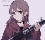 1girl bangs black_choker black_nails blush brown_eyes brown_hair brown_hoodie brown_nails choker closed_mouth collarbone commentary_request ear_piercing earrings eyebrows_behind_hair gun hand_up highres holding holding_gun holding_weapon hood hood_down hoodie jewelry lace_trim long_hair long_sleeves looking_at_viewer multicolored multicolored_hair multicolored_nails nail_polish original piercing purple_background redhead simple_background sleeves_past_wrists smile solo streaked_hair translation_request tsuruse twitter_username upper_body weapon weapon_request 