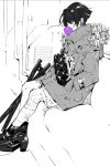  1girl bag bandaged_leg bandages bandaid bandaid_on_face boots bubble_blowing chewing_gum fur_trim hair_over_eyes handbag hands_in_pockets hidden_eyes high_heel_boots high_heels jacket nishihara_isao original short_hair sitting solo spot_color tonfa weapon 