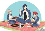  3boys aizen_kunitoshi akashi_kuniyuki bandaid bandaid_on_nose beer_can blanket can chopsticks closed_eyes food food_on_face glasses green_eyes hair_ornament hairclip hotarumaru indian_style male_focus multiple_boys obentou official_art open_mouth plate purple_hair redhead rice rice_on_face rururara seiza shoes_removed silver_hair sitting smile sushi touken_ranbu track_suit yellow_eyes 