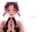 1girl black_hair bug butterfly butterfly_hair_ornament crying crying_with_eyes_open hair_ornament haori insect japanese_clothes kimetsu_no_yaiba kochou_shinobu looking_at_viewer mutospectacle open_mouth purple_hair short_hair smile solo tears uniform violet_eyes 