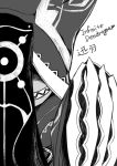  1other claw_(weapon) greyscale highres hood hood_up infinite_dendrogram monochrome shaded_face sharp_teeth simple_background sketch smile talisman teeth tsukuha_(chakai514) upper_body weapon white_background 