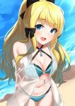  1girl absurdres bangs bikini black_bow blonde_hair blue_eyes blush bow breasts elf eyebrows_visible_through_hair flower hair_bow hair_flower hair_ornament highres large_breasts long_hair pointy_ears ponytail princess_connect! princess_connect!_re:dive saren_(princess_connect!) skelab3 solo swimsuit 