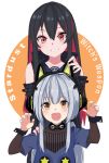  2girls bare_shoulders black_hair blue_shirt blush brown_eyes cat_ear_headphones claw_pose collarbone colored_inner_hair crossover detached_sleeves english_text eyebrows_visible_through_hair fangs gao genderswap genderswap_(mtf) grey_hair hair_between_eyes hand_on_another&#039;s_head happy headphones highres layered_sleeves long_hair low_twintails multicolored_hair multiple_girls open_mouth pink_hair red_eyes ren_(witch&#039;s_weapon) shadow shirt simple_background smile star_(symbol) twintails two-tone_hair white_background witch&#039;s_weapon wrist_cuffs xingchen yukibitasu 