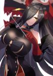  1girl absurdres azur_lane bare_shoulders baton_(instrument) black_hair breasts friedrich_der_grosse_(azur_lane) gloves hair_over_one_eye highres horn_ornament horns large_breasts long_hair mechanical_horns red_gloves red_horns sanba_tsui see-through solo very_long_hair yellow_eyes 