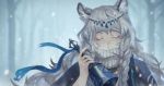  animal_ear_fluff animal_ears arknights braid cape capelet closed_eyes forest hakuyo_99 highres holding jewelry long_hair nature necklace pramanix_(arknights) silver_hair snow snowing solo turtleneck 