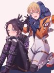  2girls apex_legends black_hair blonde_hair blush boots embarrassed emblem gloves hair_ribbon highres lightning_bolt_print multiple_girls plugsuit ribbon sa10yul shoes sneakers sweatdrop tying_hair wattson_(apex_legends) wraith_(apex_legends) zipper 