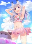  1girl animal_ears animare arms_up blurry_foreground blush braid bubble clouds commentary_request fang highres long_hair navel open_mouth painttool_sai ribbon sch shiromiya_mimi side_braid sky solo swimsuit violet_eyes 