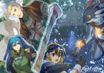  1girl 2boys :o armor black_gloves black_hair blonde_hair blue_eyes blue_hair brown_capelet clenched_hand copyright_name gloves goggles goggles_around_neck goggles_on_head helmet lock long_sleeves multiple_boys o-ring outdoors pixiv_fantasia pixiv_fantasia_age_of_starlight puffy_long_sleeves puffy_sleeves takayama_dan underwater wristband yellow_sclera 