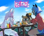 1other 2girls :q animal_ears bear_ears blue_hair blue_shorts brand_new_animal brown_hair cellphone character_request clouds commentary cup dress drinking_glass eating fangs food fork fox_ears fox_girl fox_tail furry highres hiwatashi_nazuna hoyon jacket kagemori_michiru ketchup_bottle long_hair multiple_girls mustard_bottle open_mouth outdoors phone pink_hair plate raccoon_ears raccoon_girl red_eyes red_jacket sandwich short_hair short_shorts shorts sitting sky smartphone smile stool table tail thighs tongue tongue_out track_jacket translated white_dress 