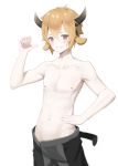 1boy animal_ears arknights artist_request bare_chest bison_(arknights) blush brown_hair commentary_request cow_ears cow_horns grin hand_on_hip horns male_focus nipples pink_eyes pointing pointing_at_self shirtless simple_background smile solo white_background 