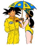  1boy 1girl :d aida_kaiko alternate_costume ass backless_swimsuit bangs bare_arms bare_legs bare_shoulders black_eyes black_hair blunt_bangs chi-chi_(dragon_ball) closed_mouth clothes_writing collared_jacket dragon_ball dragon_ball_(classic) dragon_ball_z eyelashes facing_away fingernails hand_in_pocket hand_up happy holding holding_umbrella jacket legs_together looking_at_another open_mouth pants ponytail profile shadow sidelocks simple_background smile son_gokuu spiky_hair standing star_(symbol) star_print swimsuit two-tone_umbrella umbrella upper_body white_background yellow_jacket yellow_pants yellow_swimsuit yellow_theme 