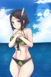  1girl beach bikini black_eyes black_hair blush clouds cute day feather fire_emblem fire_emblem:_kakusei fire_emblem_13 fire_emblem_awakening green_bikini intelligent_systems lilshironeko navel nintendo noire_(fire_emblem) ocean short_hair shy sky solo 