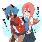  2girls animal_ears black_skirt blue_eyes blue_hair blue_shorts blush brand_new_animal claws clenched_hand commentary fang furry hand_on_own_cheek hiwatashi_nazuna hoyon jacket kagemori_michiru lifted_by_self long_hair multiple_girls open_mouth pink_eyes pink_hair raccoon_ears raccoon_girl raccoon_tail red_jacket school_uniform shirt short_hair short_shorts shorts shorts_lift skirt smile sweatdrop tail tank_top track_jacket translated white_shirt white_tank_top 