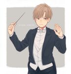  1boy bangs baton_(conducting) black_jacket black_pants blunt_bangs bow bowtie brown_eyes brown_hair character_name closed_mouth commentary_request conductor formal haikyuu!! jacket laugh_111 long_sleeves male_focus open_clothes open_jacket pants shirabu_kenjirou short_hair solo vest white_bow white_bowtie white_vest 