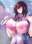  1girl bag bangs blush bra breasts brown_hair bursting_breasts collared_shirt earrings goban hair_between_eyes huge_breasts jewelry medium_hair original pink_bra shirt short_hair short_sleeves shoulder_bag umbrella underwear violet_eyes wet wet_clothes white_shirt 