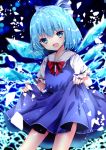  1girl :d bangs blue_bow blue_dress blue_eyes blue_hair blurry blurry_background bow cirno collared_shirt depth_of_field dress eyebrows_visible_through_hair fang hair_between_eyes hair_bow ice ice_wings looking_at_viewer nanase_nao open_mouth puffy_short_sleeves puffy_sleeves red_bow shirt short_sleeves skirt_hold sleeveless sleeveless_dress smile solo touhou white_shirt wings 