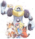  1boy baseball_cap black_hair blue_footwear brown_shorts celebration closed_eyes confetti gen_1_pokemon gen_7_pokemon hand_on_another&#039;s_leg happy hat highres holding_trophy looking_at_viewer lycanroc lycanroc_(dusk) male_focus mei_(maysroom) melmetal mythical_pokemon on_shoulder one_eye_closed open_mouth pikachu pokemon pokemon_(anime) pokemon_(creature) pokemon_on_shoulder pokemon_sm_(anime) rowlet satoshi_(pokemon) shirt shoes shorts smile sneakers spiky_hair striped striped_shirt torracat trophy upper_teeth v 
