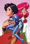  1990s_(style) 3girls aqua_eyes ascot back-to-back black_hair blue_eyes bodysuit bubblegum_crisis choker earrings eyebrows_visible_through_hair hardsuit high_heels highres jewelry lipstick long_hair long_sleeves makeup multiple_girls nene_romanova official_art open_mouth pink_background pink_hair priscilla_asagiri scan short_hair simple_background skirt sonoda_ken&#039;ichi suspender_skirt suspenders sylia_stingray 