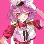  1girl anno88888 arm_up armpit_cutout bangs black_neckwear breasts ear_piercing giuseppe_garibaldi_(kantai_collection) gloves hat highres kantai_collection lips medium_breasts mini_hat multicolored_hair neck_ribbon one_eye_closed piercing pink_eyes pink_hair redhead ribbon short_sleeves simple_background smile streaked_hair tilted_headwear two-tone_background upper_body white_gloves white_hair white_headwear 