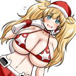  1girl bikini blonde_hair blue_eyes breasts embarrassed gambier_bay_(kantai_collection) gloves hat highres kanno_takanori kantai_collection large_breasts micro_bikini miniskirt red_bikini red_swimsuit santa_bikini santa_costume santa_gloves santa_hat simple_background skirt swimsuit upper_body white_background 