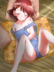  1girl bare_arms bare_legs barefoot blush brown_hair clip_studio_paint_(medium) closed_eyes flower hair_flower hair_ornament hanadera_nodoka healin&#039;_good_precure highres naked_overalls overalls precure ruriruri short_hair sleeping solo spread_legs strap_slip thighs 