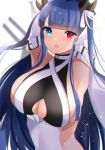  1girl absurdres arm_belt arms_behind_head azur_lane bare_shoulders blue_eyes blue_hair breasts choker glowing glowing_eyes heterochromia highres horns ibuki_(azur_lane) lace lace_choker large_breasts long_hair looking_at_viewer red_eyes sanba_tsui skindentation solo under_boob underboob_cutout very_long_hair wrist_wrap 