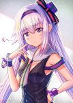  .live 1girl breasts carro_pino glaring headband highres jitome konsome lavender_hair looking_at_viewer pointing pointing_at_self simple_background sleeveless solo unhappy violet_eyes virtual_youtuber 