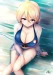  1girl alternate_costume bikini blonde_hair blue_bikini blue_eyes braid breasts collarbone darjeeling_(girls_und_panzer) emblem from_above front-tie_bikini front-tie_top girls_und_panzer hair_between_eyes highres ibara_azuki large_breasts partially_submerged short_hair sitting smile solo st._gloriana&#039;s_(emblem) swimsuit tied_hair twin_braids water 