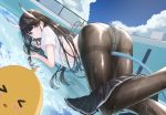  azur_lane black_hair empty_pool hair_ornament hairclip highres horns kuwahara_taiki long_hair looking_at_viewer lying manjuu_(azur_lane) noshiro_(azur_lane) on_stomach oni_horns panties panties_under_pantyhose pantyhose pleated_skirt school_uniform serafuku skirt skirt_pull summer_uniform underwear violet_eyes 