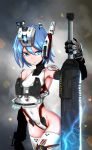 1girl armpits blue_eyes blue_hair electricity glowing glowing_eyes hair_between_eyes highres holding holding_sword holding_weapon jazzjack leotard mecha_musume personification ronin_(titanfall_2) sword titanfall titanfall_2 weapon 