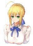  1girl absurdres ahoge artoria_pendragon_(all) bangs blonde_hair blue_neckwear blue_ribbon blush braid braided_bun breasts closed_mouth collared_shirt commentary_request cropped_torso eyebrows_visible_through_hair fate/stay_night fate_(series) french_braid green_eyes hair_between_eyes hair_ribbon highres looking_at_viewer neck_ribbon ribbon saber shirt short_hair shun&#039;en_(homura0620alicia) sidelocks simple_background smile solo upper_body white_background white_shirt 