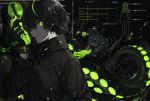  1boy akira_hou bangs biting black_hair black_jacket dark_background from_side glove_biting gloves green_eyes green_hair jacket male_focus multicolored_hair nautilus_(animal) original pale_skin solo streaked_hair tentacles upper_body water water_drop watermark web_address 