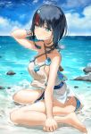  1girl bangs bare_shoulders beach black_hair blue_eyes blue_ribbon blush breasts collarbone dress fate/grand_order fate/requiem fate_(series) feet fundoshi highres japanese_clothes jewelry large_breasts legs looking_at_viewer magatama magatama_hair_ornament medium_hair multicolored_hair necklace ocean parted_lips pelvic_curtain pink_hair polearm ran_s200 ribbon short_dress sideboob sideless_outfit sitting sleeveless sleeveless_dress spear streaked_hair thighs utsumi_erise wariza weapon wet white_dress 