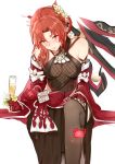  1girl absurdres alcohol bangs bare_shoulders blush braid commentary cup drinking_glass drunk flower gloves hair_flower hair_ornament hair_stick highres holding holding_cup honkai_(series) honkai_impact_3rd long_hair looking_at_viewer murata_himeko parted_bangs red_butterfly red_gloves redhead sitting smile solo white_background wide_sleeves wine wine_glass yellow_eyes zhourues 