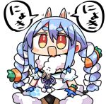  1girl :d animal_ears bangs black_gloves black_leotard blue_hair bow braid brown_eyes brown_legwear carrot_hair_ornament chibi detached_sleeves dress eyebrows_visible_through_hair food_themed_hair_ornament fur-trimmed_dress fur-trimmed_gloves fur_trim gloves hair_between_eyes hair_bow hair_ornament hololive kanikama leotard lowres open_mouth pantyhose rabbit_ears short_eyebrows simple_background smile solo strapless strapless_dress strapless_leotard thick_eyebrows translation_request twin_braids twintails upper_teeth usada_pekora virtual_youtuber white_background white_bow white_dress white_hair white_sleeves 